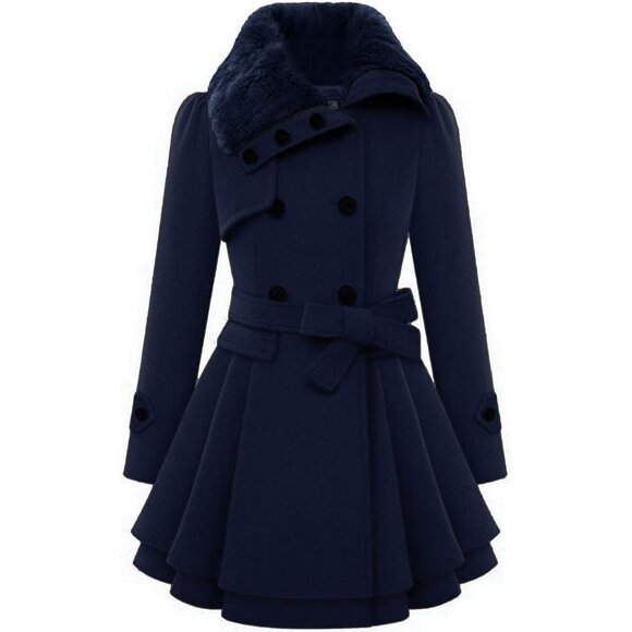 Women's Navy Blue Zeagoo Winter Trench Coat Faux Fur Lapel Double Breasted - Picture 1 of 5